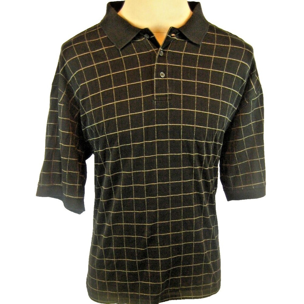 Mens Jack Nicklaus Golden Bear Gray Check Cotton SS Golf Polo Casual Shirt sz L